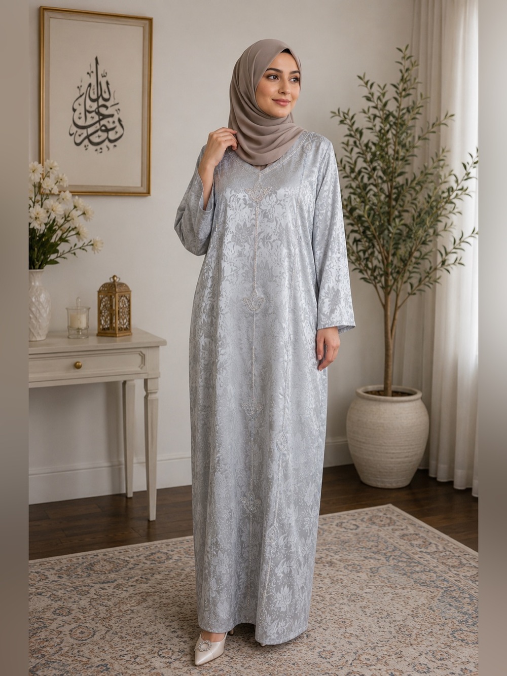 Muslim modest abaya long dress islamic clothing silver rhinestone party wear